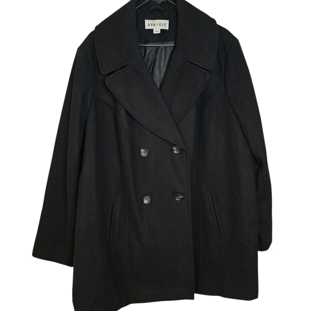 Ava & Viv Black Notched Lapel Double Breasted Wool Blend Pea Coat Sz 3X